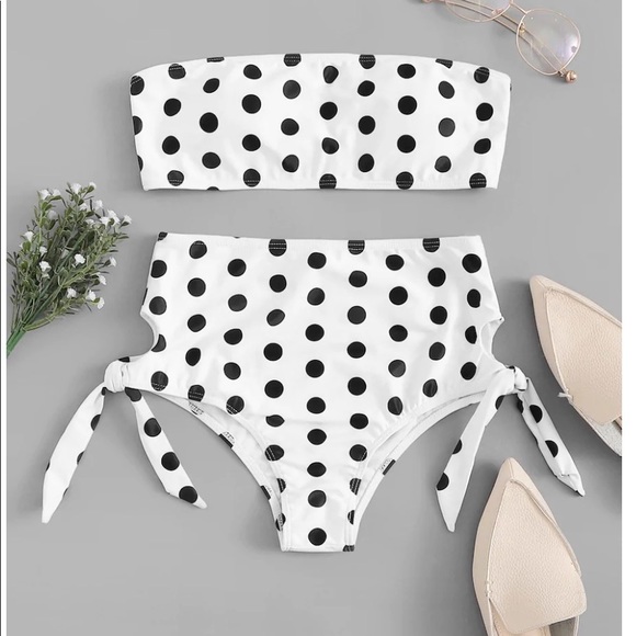 Other - Polka Dot Bandeau Tie Side High Waist Bikini